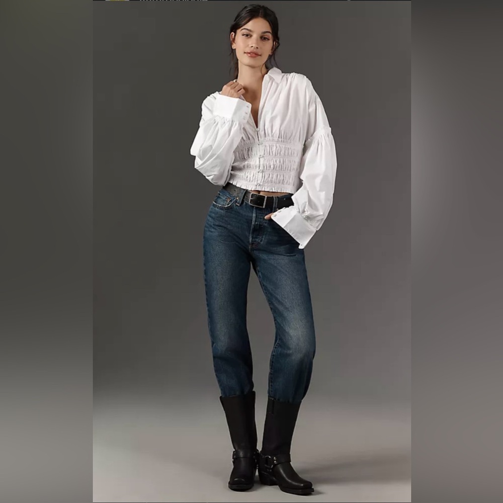 By Anthropologie Balloon-Sleeve Collared Shirred Blouse -Size S